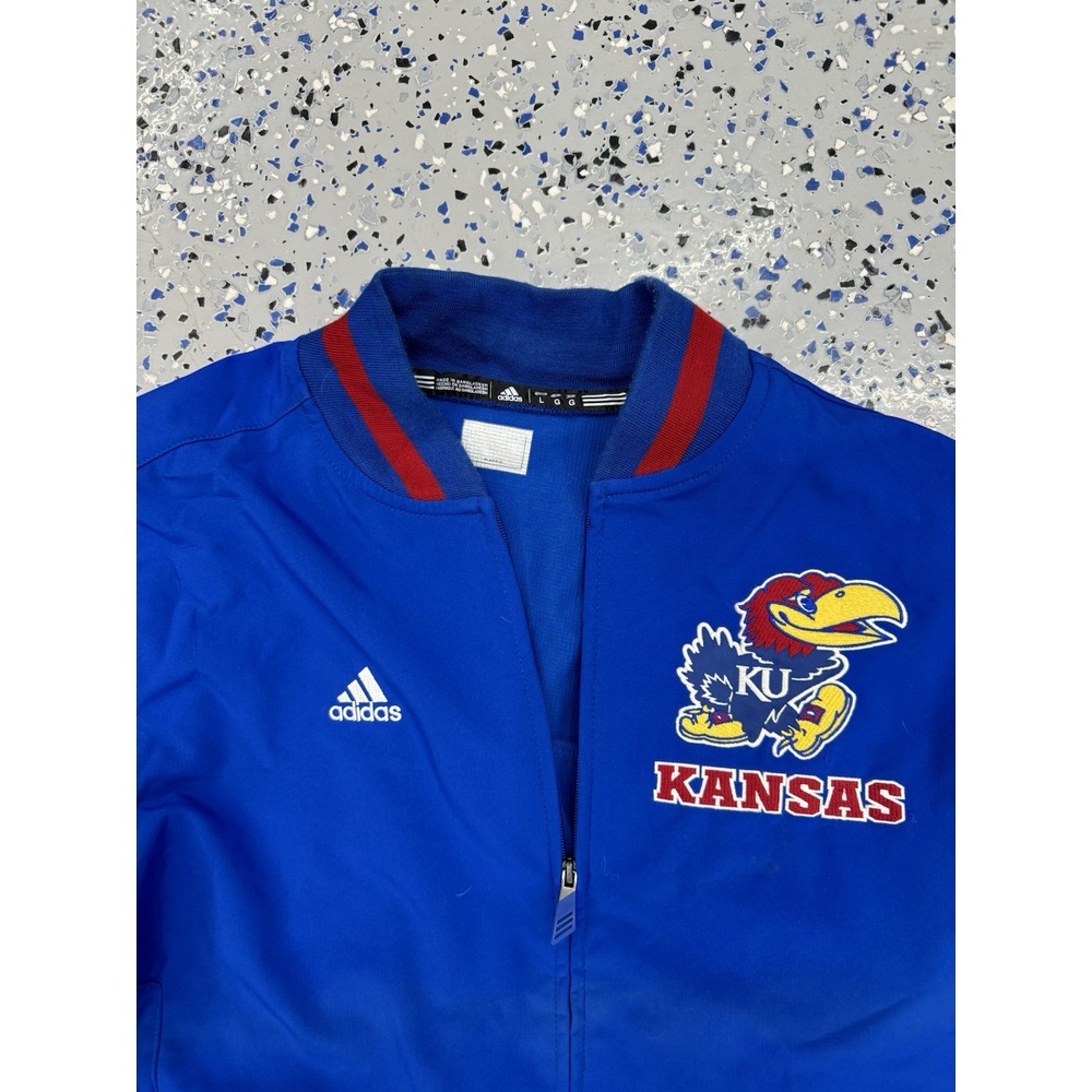 Vintage Kansas Jayhawks Adidas Full Zip Jacket Basketball Large AOP Blue Red‎ - Picture 2 of 3